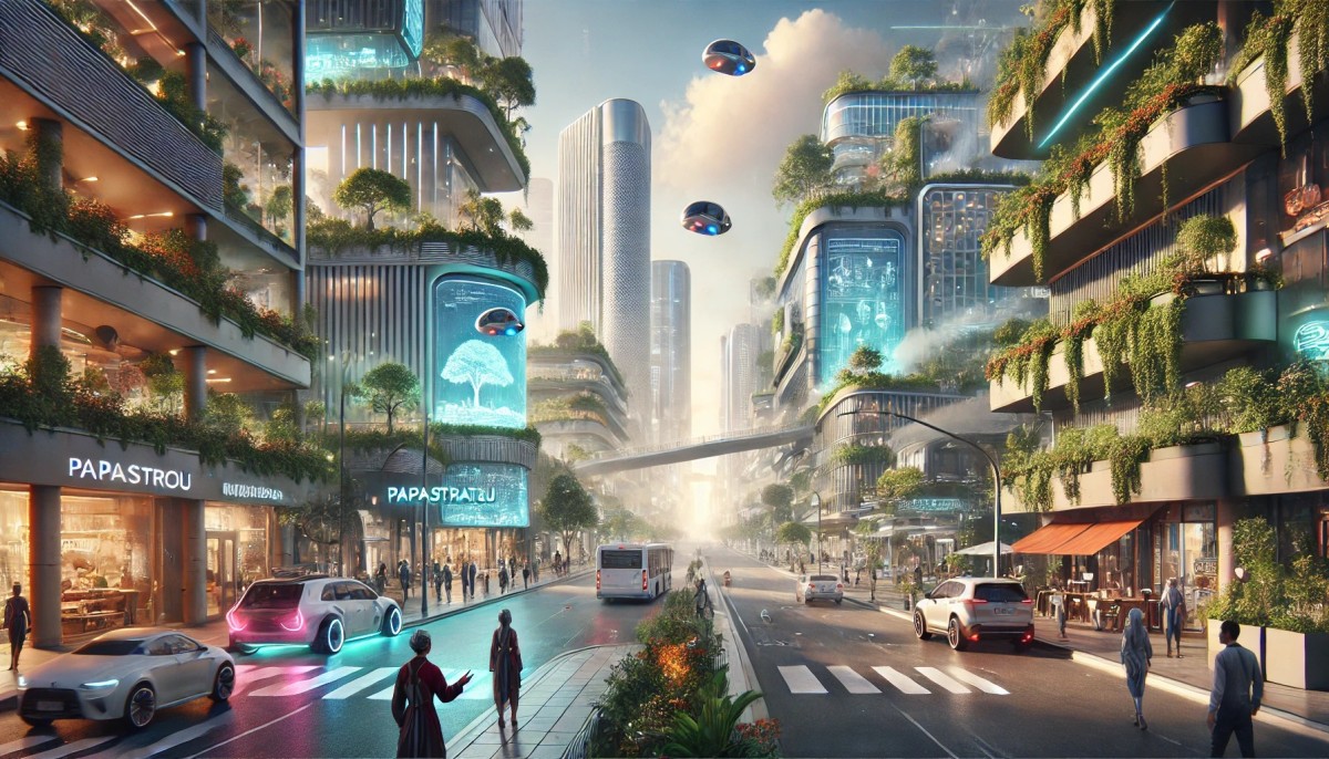 Papastratou Street in Agrinio Greece set in the year 2100. The street is transformed into a high tech urban environment f