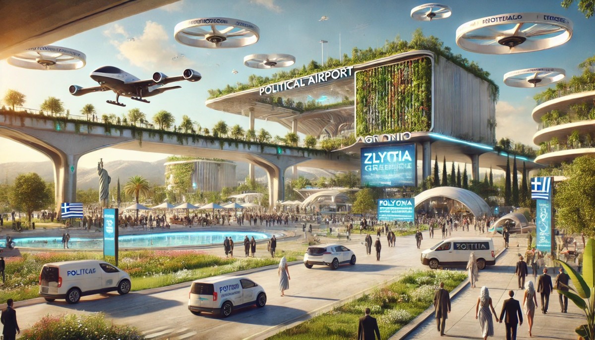 political airport in Agrinio Greece in the year 2100. The scene includes sleek modern architecture with eco friendly de