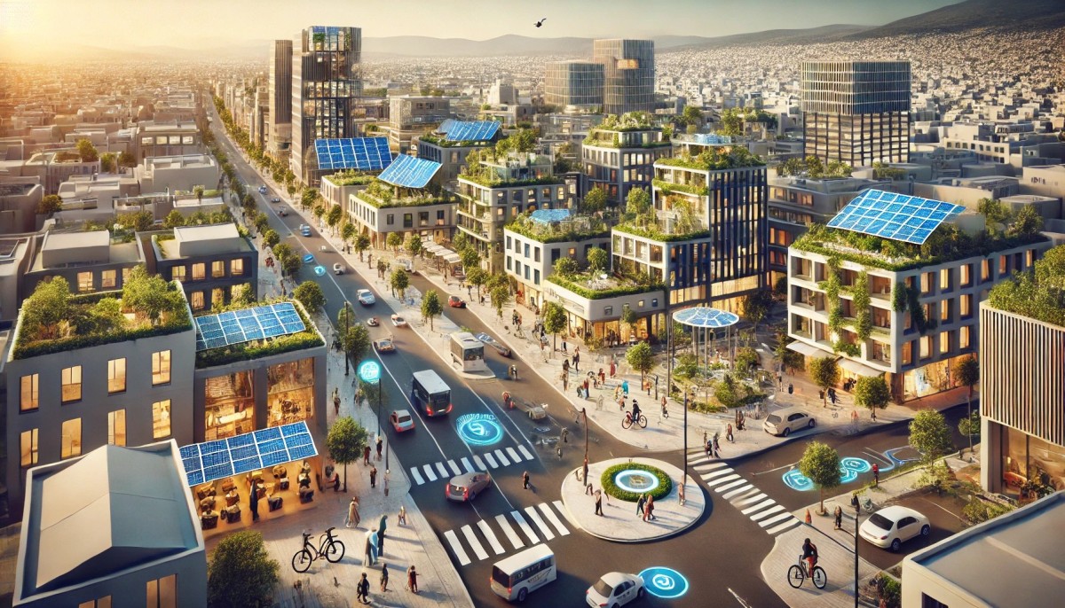 the city of Agrinio Greece in the year 2030. The cityscape features a blend of modern architecture and traditional Greek e