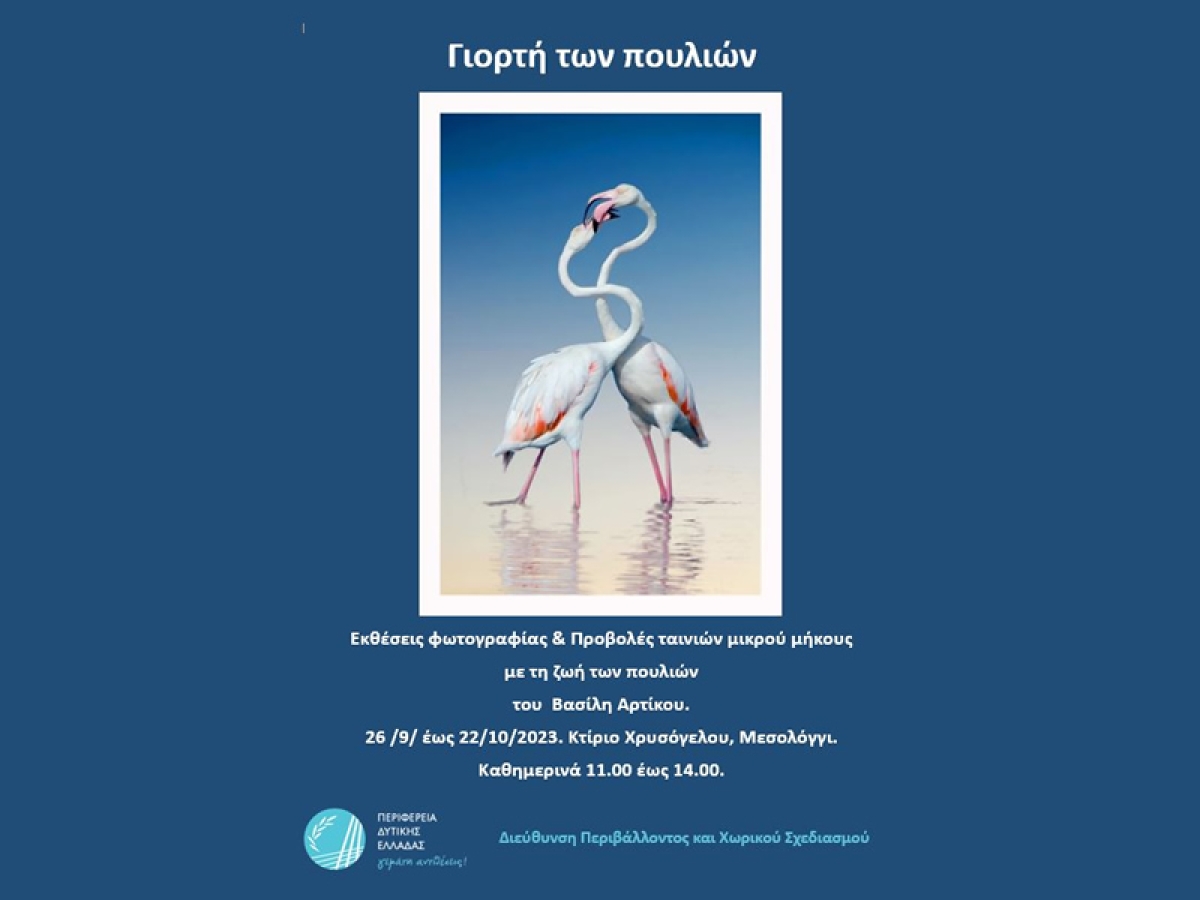 Έκθεση φωτογραφίας «Γιορτή των Πουλιών» του Καλλιτέχνη Βασίλη Αρτίκου, στο κτίριο Χρυσόγελου (Τρι 26/9 - Κυρ 22/10/2023)