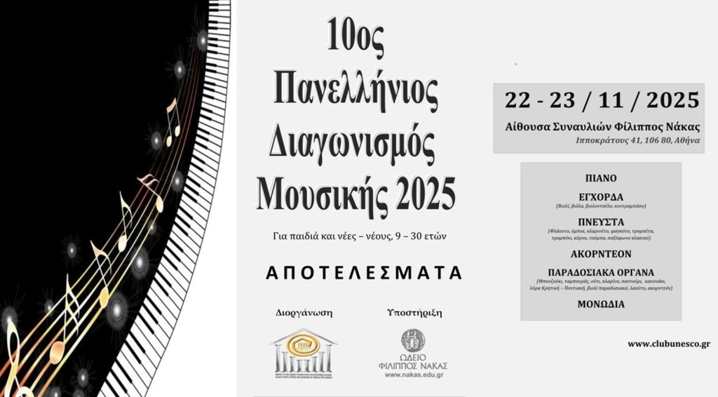 Αποτελέσματα 10ου Πανελλήνιου Διαγωνισμού Μουσικής 2025 Ομίλου για την UNESCO Τεχνών, Λόγου &amp; Επιστημών Ελλάδας