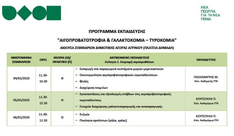 Δήμος Αγρινίου: Ξεκινά η εκπαίδευση νέων κτηνοτρόφων από το πρόγραμμα «Νέα Γεωργία για τη Νέα Γενιά» με θεματολογία:  "ΑΙΓΟΠΡΟΒΑΤΟΤΡΟΦΙΑ &amp; ΓΑΛΑΚΤΟΚΟΜΙΑ – ΤΥΡΟΚΟΜΙΑ"