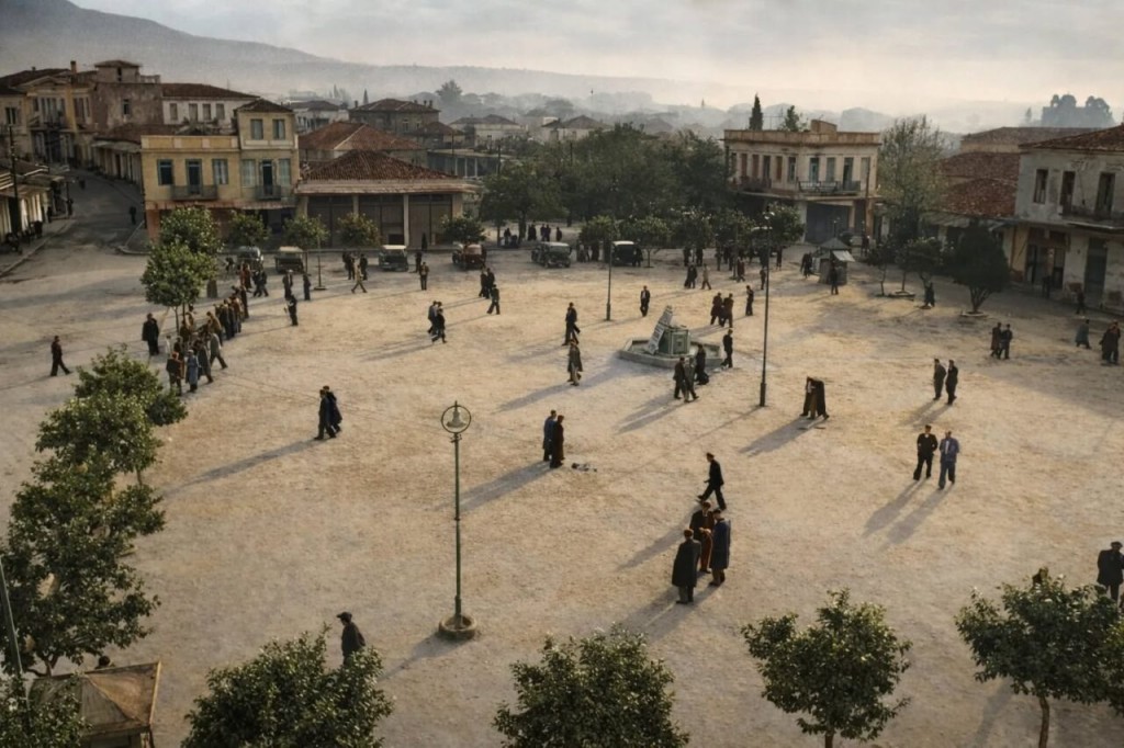 Πλατεία Δημοκρατίας Αγρινίου 1946: Χωμάτινη η κάλυψη της πλατείας τότε, ούτε πλακάκια, μάρμαρα, συντριβάνι ούτε πολυτέλειες