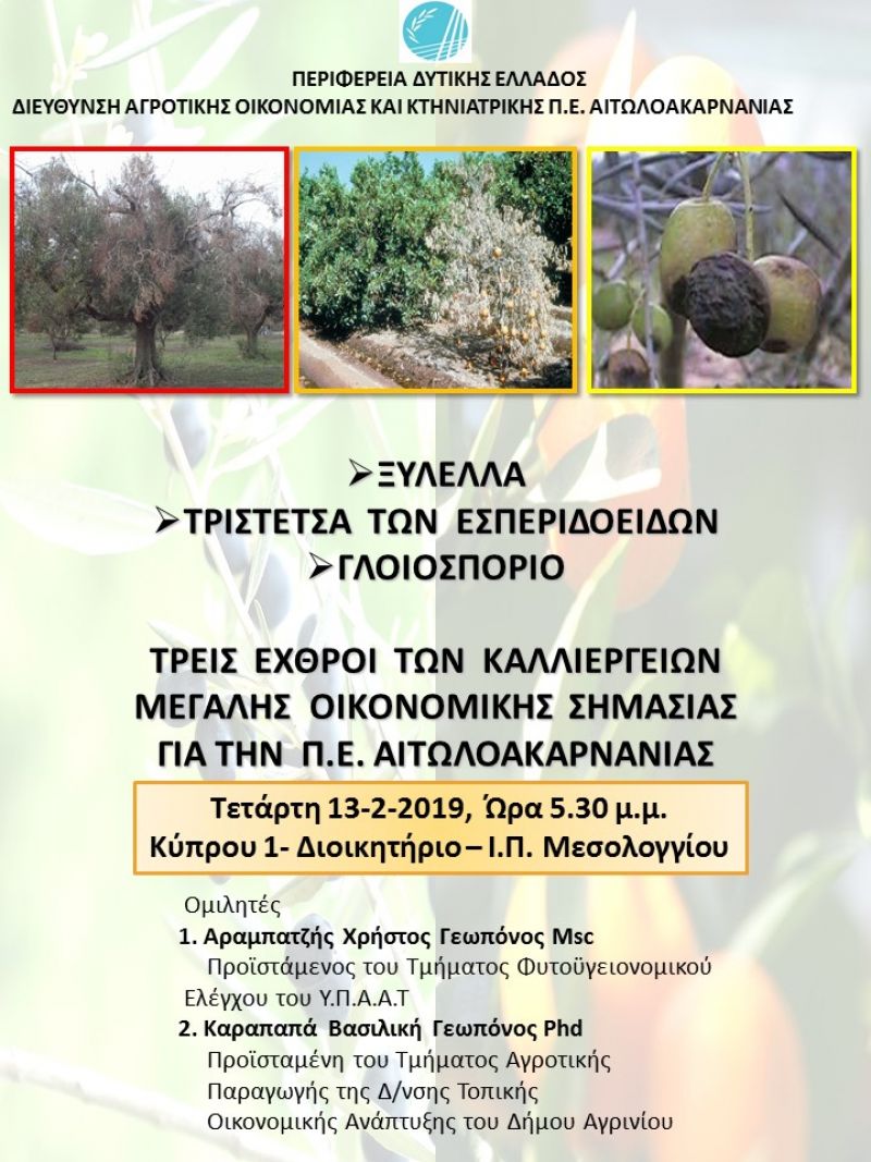 Ενημερωτική συνάντηση σχετικά με την εμφάνιση κρούσματος του ιού της Τριστέτσας των Εσπεριδοειδών στην Π.Ε. Αιτωλοακαρνανίας (Τετ 13/2/2019 15:30)